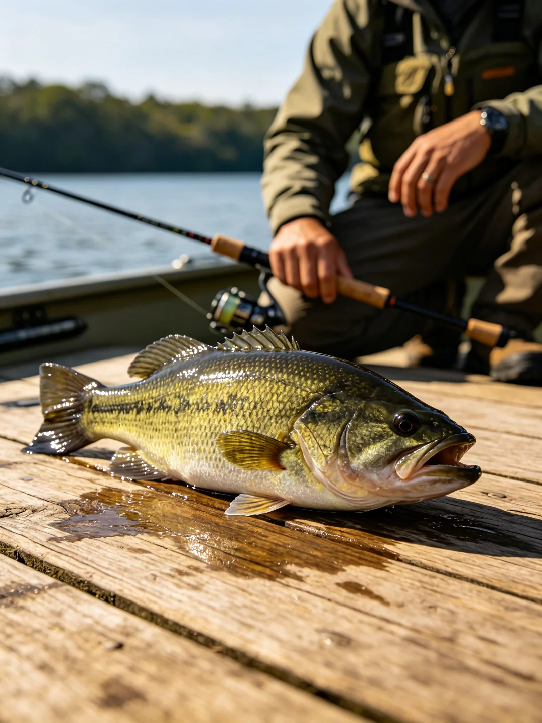 Largemouth bass on a boat deck